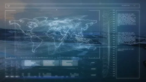 Fading translucent overlay starting coastal map view curved lines mapping data Stock Footage 317206924