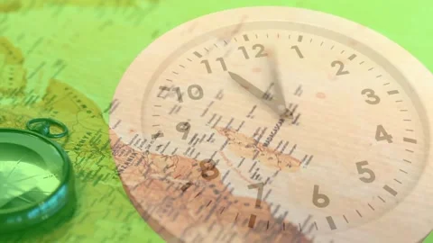 Fading in transparent wooden clock overlay, clock hands rotating over world map Stock Footage 317465739