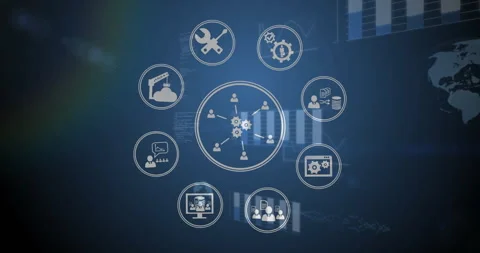 Fading two gears joining third radiating lines linking 6 users pulsing icons Stock Footage 311603981