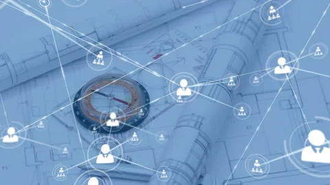 Fading user icon marking compass, extending linking lines, visualizing network Stock Footage 309893400