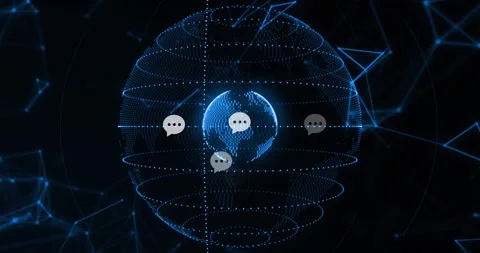 Fading in view 3D dotted globe rotating, chat bubbles appearing then fading Stock Footage 313552381