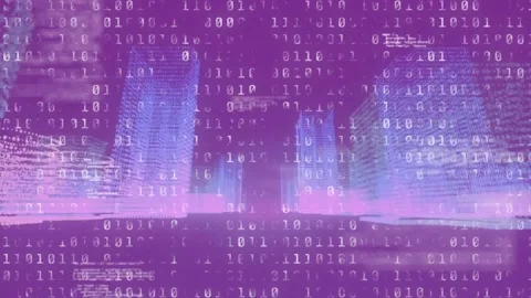 On fading into view, neon city skyline pulses with drifting binary digits to Video stock 317128571