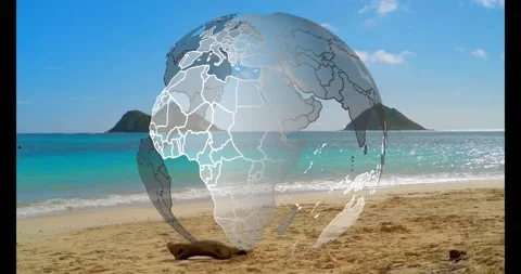 Fading in, wireframe globe spinning and reversing to reveal borders on beach to Stock Footage 329500227
