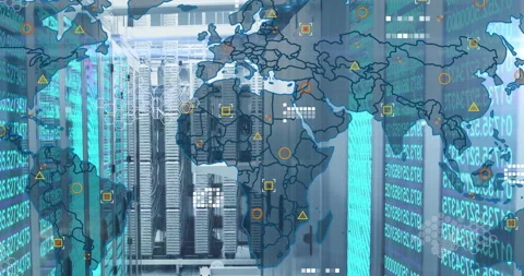 Fading world map overlay initiating node icons popping along server aisle Stock Footage 312099506