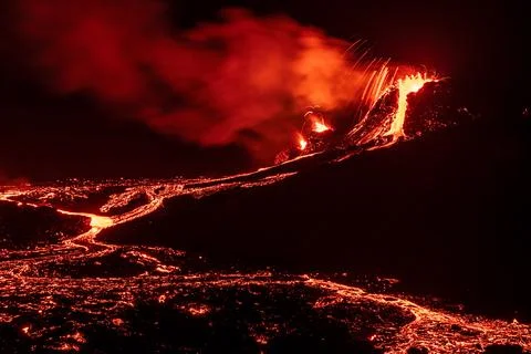 Fagradalsfjall volcanic eruption at night, Iceland Stock Photos