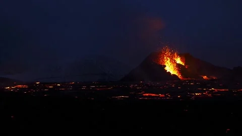 Fagradalsfjall volcanic eruption at night in Reykjanes peninsula, Iceland Stock Footage