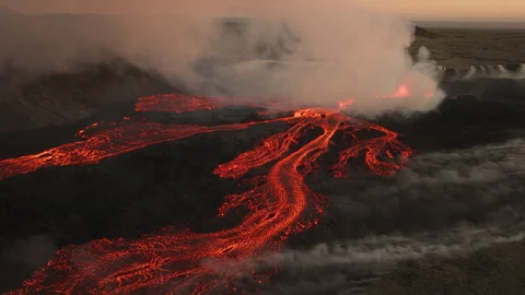 Fagradalsfjall volcano eruption lava flow iceland aerial view Stock Footage 258284803