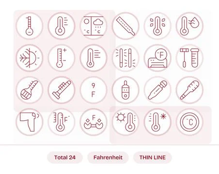 Fahrenheit Display Perfect Vector Set with 24 64x64 Thin Line Icons Stock Illustration