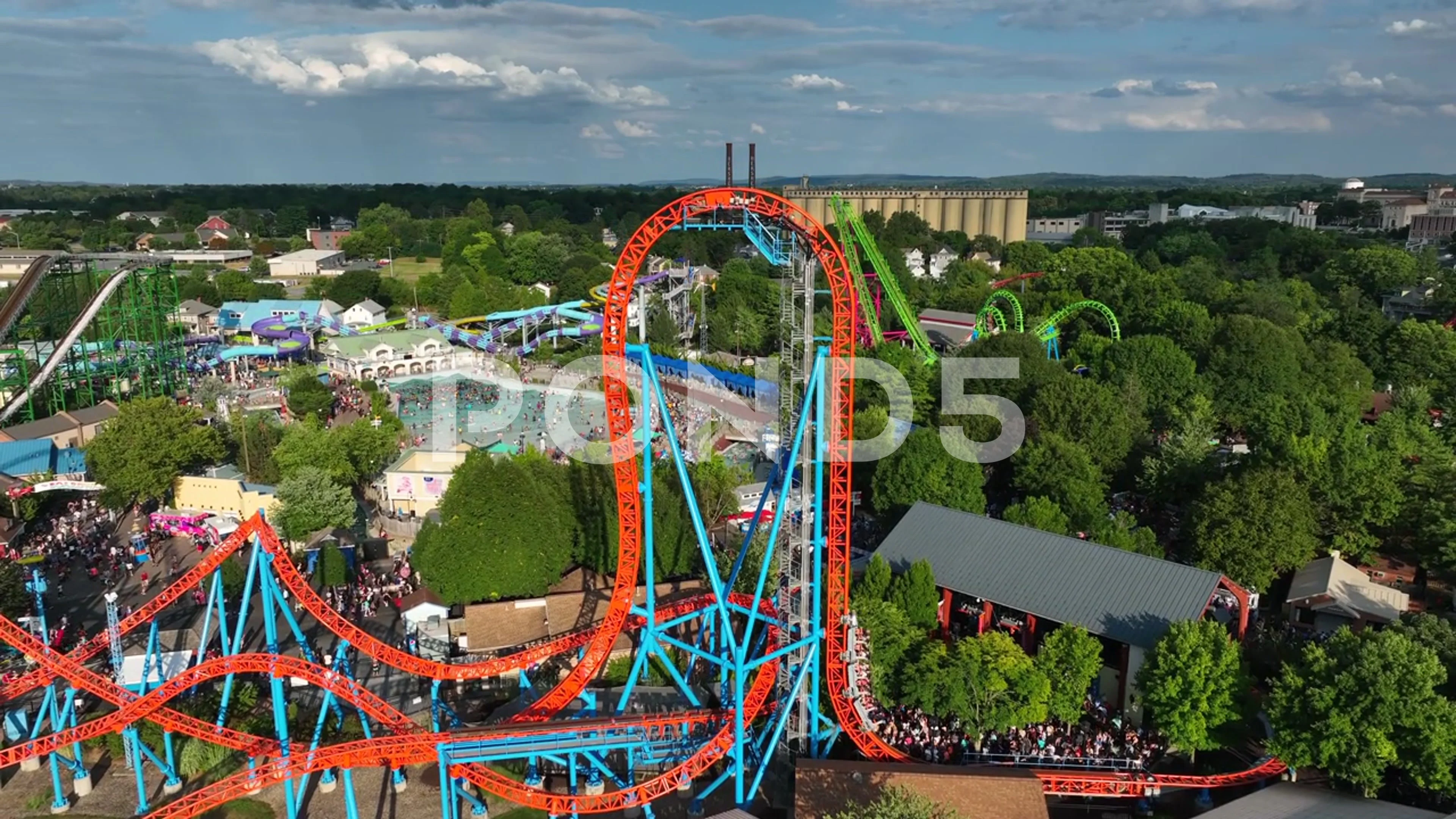 Fahrenheit roller coaster at HersheyPark. Aerial establishing shot of fast