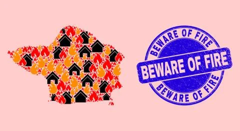 Faial Island Map Collage of Flame and Homes and Scratched Beware of Fire Seal Ilustração Stock