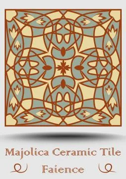 Faience ceramic tile . Vintage ceramic majolica in beige, olive green and red Stock Illustration
