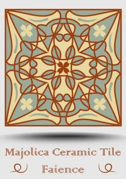 Faience pottery tile in beige, olive green and red terracotta. Vintage cerami Stock Illustration