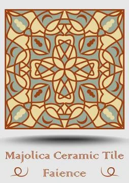 Faience pottery tile in beige, olive green and red terracotta. Multicolored Stock Illustration
