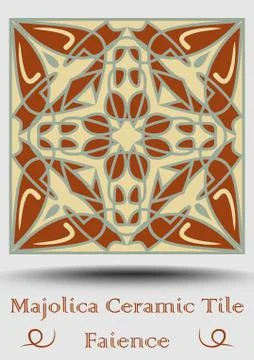 Faience tile. Ceramic tile in beige, olive green and red terracotta. Vintage  Illustrazione stock