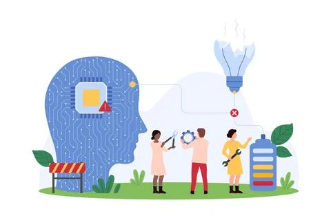 Fail and error in work process of AI, tiny people repair broken light bulb and Stock Illustration