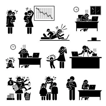 Fail work from home mom or mother. Vector illustrations of the difficulty of  Stock Illustration