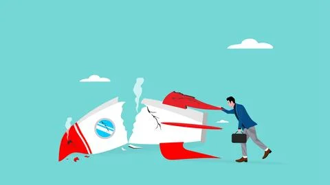 Failed and crashed business rocket startup, sad businessman with broken roc.. Stock-Illustration