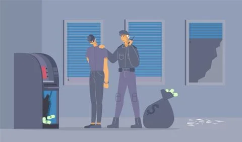 Failed burglary attempt flat vector illustration. Policeman in uniform and bank Stock Illustration