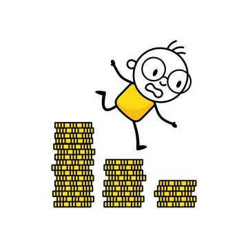 Failed man falling down from golden stack coins. Business failure, economic イラスト素材