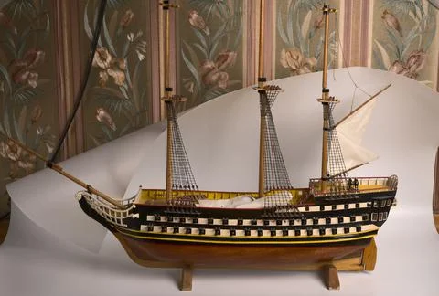A failed shot when photographing a model of a university ship with guns Stock Photos