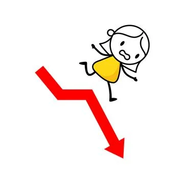Failed woman falling down from red chart arrow. Business failure, economic .. Ilustración de archivo