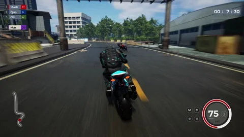 Failing to overtake opponents in the digital game speed bike racing level Stock Footage 255314855