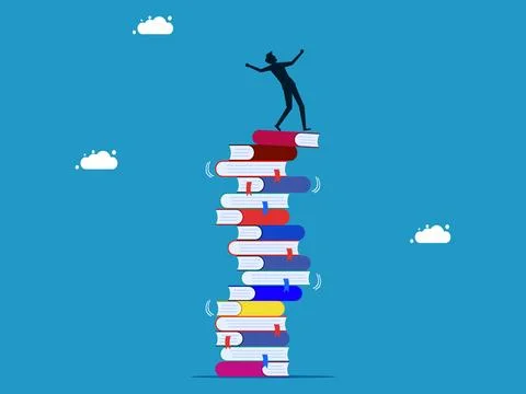 Failure to learn. man stands lost on a high stack of collapsing books Stock Illustration
