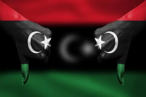Failure of Libya - hands gesturing thumbs down in front of flag Stock Illustration