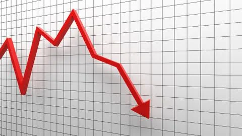 Failure, red arrow going down on white background in business concept. 3d ill Illustrazione stock