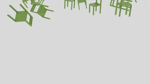 Failure in work. Green chairs fall in disarray on the white floor. Stockbeeldmateriaal 128725792