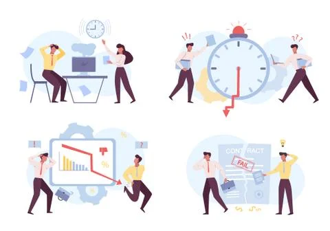 Failures at job flat vector color illustrations set Stock Illustration