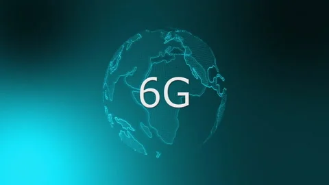 Faint 3D wireframe globe rising and fading in 6G label while rotating to show Stock Footage 310151104