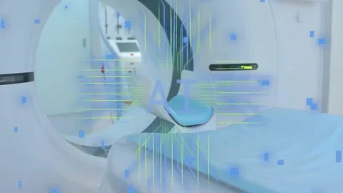 Faint AI text emerging in CT gantry and table, pixels drifting, traces mapping Stock Footage 330141901