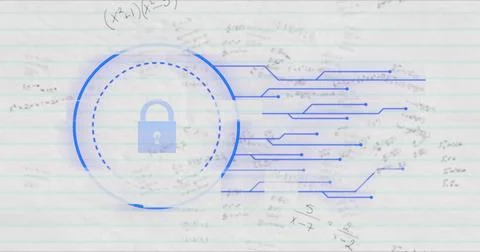 Faint arc appearing, blue lock forming ring, padlock locking and circuits Stock Photos
