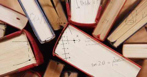 Faint arrows appearing on page over radial books forming axes plotting graphs Stock Footage 328010947