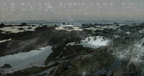 Faint binary digits appearing above rocky shore drifting cascading across pools Stock Footage 315542881