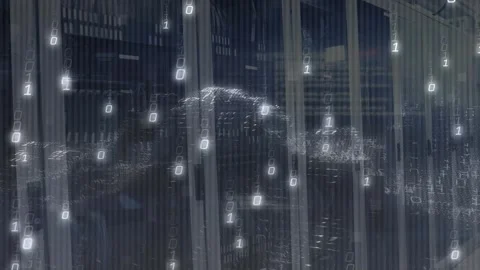 Faint binary digits drifting over racks, converging into pulsing waveform Stock Footage 317369253