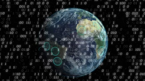 Faint binary digits starting stream drifting around rotating Earth globe showing Stock Footage 314848643