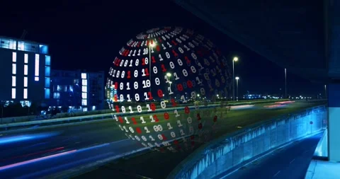 Faint binary orb rising above highway digits forming rings rotating and Stock Footage 322119561