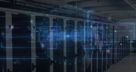 Faint blue beam appearing on server racks initiating rotating dial and sliding Stock Footage 312467176