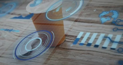 Faint blue circle appearing, HUD animating over cup and stirstick, cup shifting Stock Footage 334034460