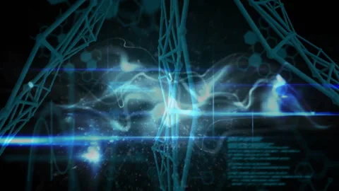 Faint blue lines sketching wireframe network while scrolling code and pulsing Stock Footage 312694622