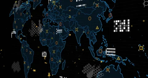 Faint blue map outline glowing triggers world map pulsing, data markers Stock Footage 313704123