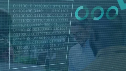 Faint chart appearing business team leaning at laptop, tracking % and rising Stock Footage 333540204