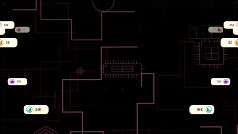 Faint chip fading neon schematic revealing central hub while badges sliding Stock-Footage 335424872