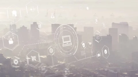 Faint circle emblem appearing, laptop pulsing as hex nodes connecting, forming Stock Footage 334743772