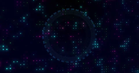 Faint circular gauge appearing on neon grid rotating clockwise and dot matrix Stock Footage 315532744