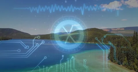Faint circular graphic appearing, HUD growing and pulsing over mountain lake for Stock Footage 330142798