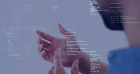 Faint code appearing, developer hands pinching, tapping and rotating to adjust Stock Footage 328584494