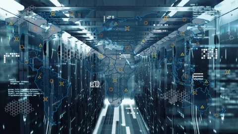 Faint code emerging, server aisle showing map, icons growing, showing global Stock Footage 332577577